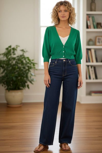 subtle-luxury-kelly green-Daisy Balloon Short Sleeve Almost Vintage Sweater Button Crop Sweater