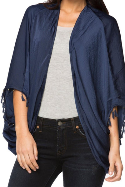 Subtle Luxury Kimono O/S / Navy / 100% Poly Silk Habatai Feel the Sun Print and Solid Tassel Kimono Jacket