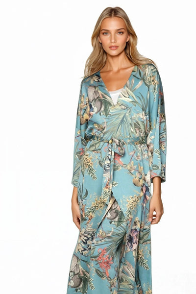 Subtle Luxury Kimono Coverup S/M / Blue / 100% Mid-Weight Poly Bed to Brunch Robe Kimono in Tropical Escape Print