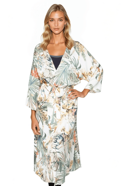Subtle Luxury Kimono Coverup S/M / White / 100% Mid-Weight Poly Bed to Brunch Robe Kimono in Tropical Escape Print