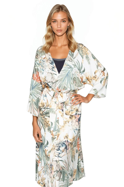 Subtle Luxury Kimono Coverup S/M / White / 100% Mid-Weight Poly Bed to Brunch Robe Kimono in Tropical Escape Print
