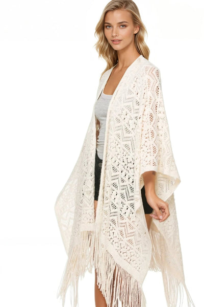 Subtle Luxury Kimono Ivory / One Size Joplin Novelty Knit Long Fringe Poncho