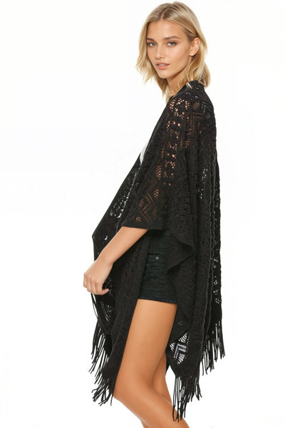 Subtle Luxury Kimono Joplin Novelty Knit Long Fringe Poncho