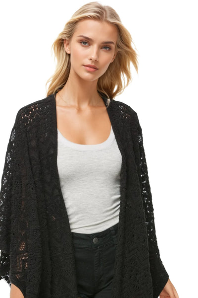 Subtle Luxury Kimono Noir / One Size Joplin Novelty Knit Long Fringe Poncho