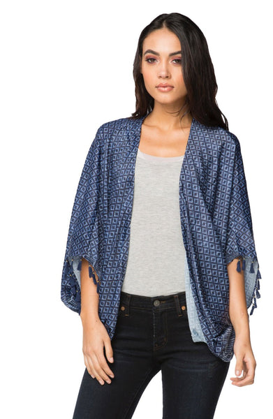 Subtle Luxury Kimono O/S / Denim Diamond Print / 100% Poly Silk Habatai Feel the Sun Print and Solid Tassel Kimono Jacket