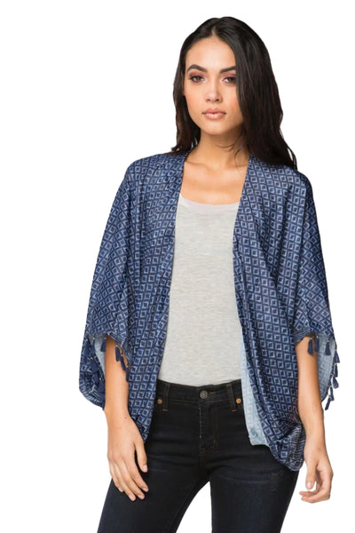 Subtle Luxury Kimono O/S / Denim Diamond Print / 100% Poly Silk Habatai Feel the Sun Print and Solid Tassel Kimono Jacket