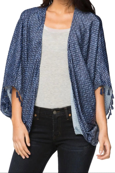 Subtle Luxury Kimono O/S / Denim Diamond Print / 100% Poly Silk Habatai Feel the Sun Print and Solid Tassel Kimono Jacket