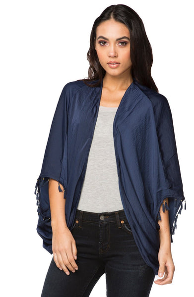 Subtle Luxury Kimono O/S / Navy / 100% Poly Silk Habatai Feel the Sun Print and Solid Tassel Kimono Jacket