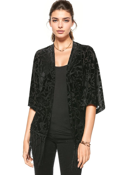 Subtle Luxury Kimono S/M / BN - Wild Bird-Noir / 100% Polyester Lovers Lane Stretch Velvet Kimono with Fringe