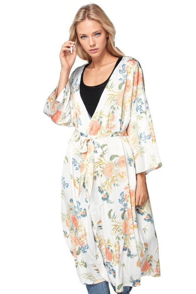 Subtle Luxury Luxury Kimono S/M / White / 100% Polyester Bed to Brunch Robe Coverup Kimono in Soft Bouquet Print