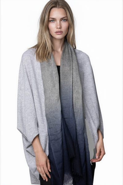 Subtle Luxury 100% Cashmere Woven Loomed Scarf Grey/Indigo / One Size 100% Cashmere Luxury Wrap Scarf in Ombre.