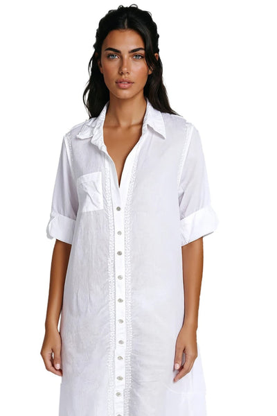 Subtle Luxury Maxi Dress Maxi Boyfriend White Cotton Long Shirt Dress in White Embroidery