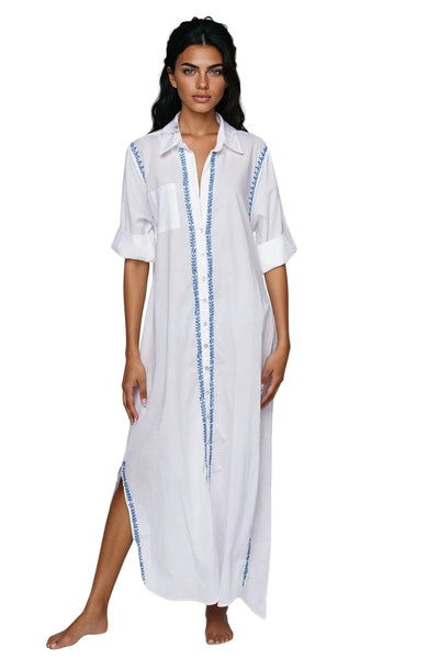 Subtle Luxury Maxi M/L / Blue Lotus / 100% Cotton Maxi Boyfriend Cotton Shirt Dress with Contrast Stitched Embroideries