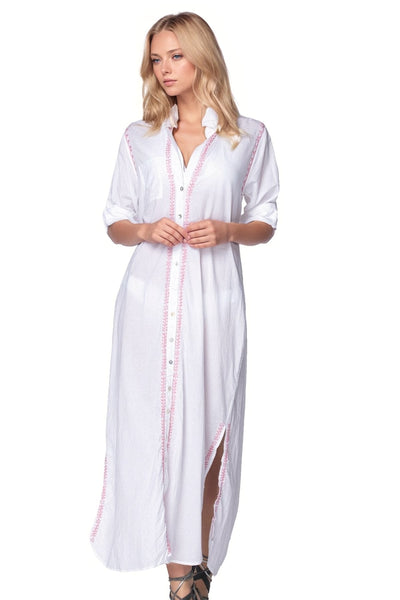 Subtle Luxury Maxi Maxi Boyfriend Cotton Shirt Dress with Contrast Embroideries