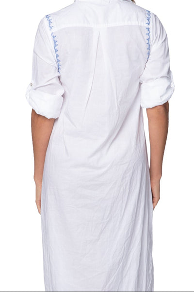 Subtle Luxury Maxi Maxi Boyfriend Cotton Shirt Dress with Contrast Stitched Embroideries
