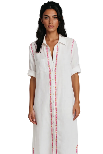 Subtle Luxury Maxi Maxi Boyfriend White Chambray Shirt Dress with Two Color Hand Stitch Embroidery