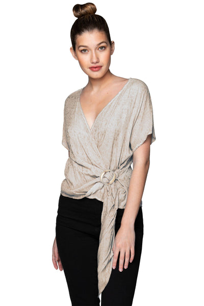 Subtle Luxury Maxi S/M / Oyster / 100% Rayon All Wrapped Tie Front Top