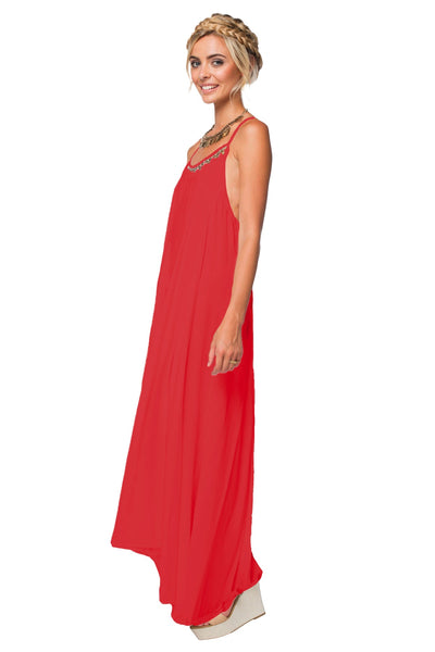 Subtle Luxury Maxi S/M / Red / 100% Rayon Cross Back Leila Dress with Gold Metal Sequin Embellishment