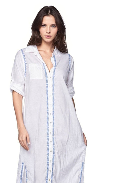 Subtle Luxury Maxi S/M / River / 100% Cotton Maxi Boyfriend Cotton Shirt Dress with Contrast Embroideries