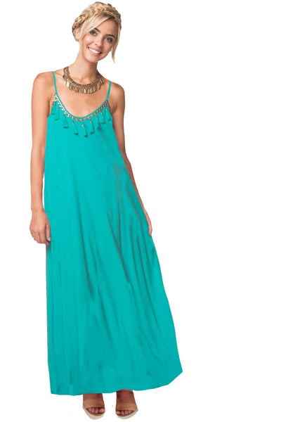Subtle Luxury Maxi S/M / Seafoam / 100% Rayon Escape to Bali Dress wit Gold Metal Embleshment