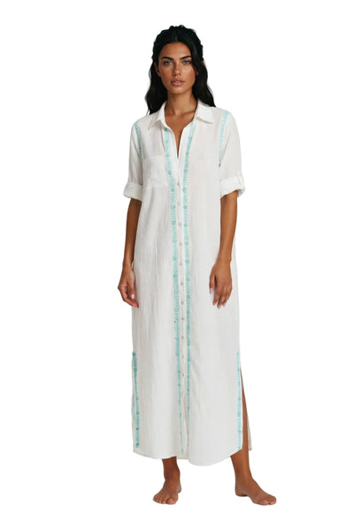 Subtle Luxury Maxi XS/S / Blue-Green / 100% Cotton Maxi Boyfriend White Cotton Shirt Dress with Two Color Hand Stitch Embroidery