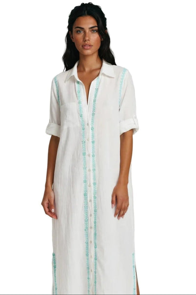 Subtle Luxury Maxi XS/S / Blue-Green / 100% Cotton Maxi Boyfriend White Cotton Shirt Dress with Two Color Hand Stitch Embroidery