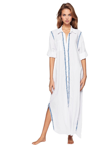 Subtle Luxury Maxi XS/S / Blueberry / 100% Cotton Maxi Boyfriend Cotton Shirt Dress with Contrast Embroideries