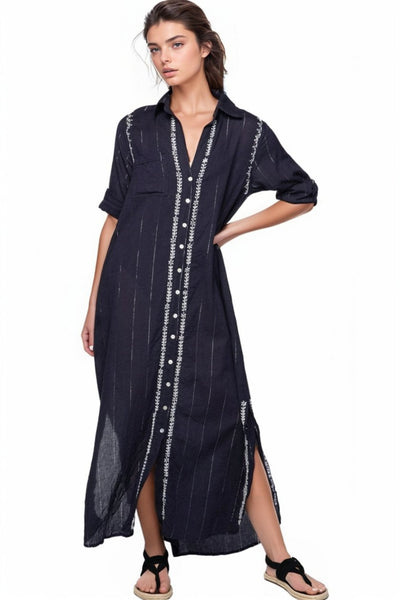 Subtle Luxury Maxi XS/S / Dark Denim/Silver Lurex / 100% Cotton Maxi Boyfriend Dress in Chambray with Lurex