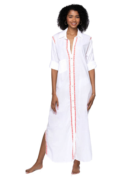 Subtle Luxury Maxi XS/S / Mandarin / 100% Cotton Maxi Boyfriend Cotton Shirt Dress with Contrast Stitched Embroideries