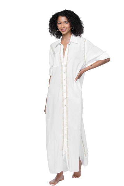 Subtle Luxury Maxi XS/S / Sand / 100% Cotton Maxi Boyfriend Cotton Shirt Dress with Contrast Stitched Embroideries