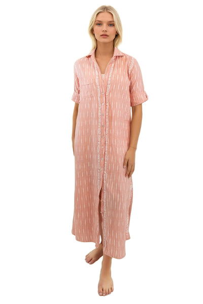 Subtle Luxury Maxi XS/S / Sedona w/White Ikat / 100% Cotton Maxi Boyfriend Shirt Dress in Cotton Ikat's