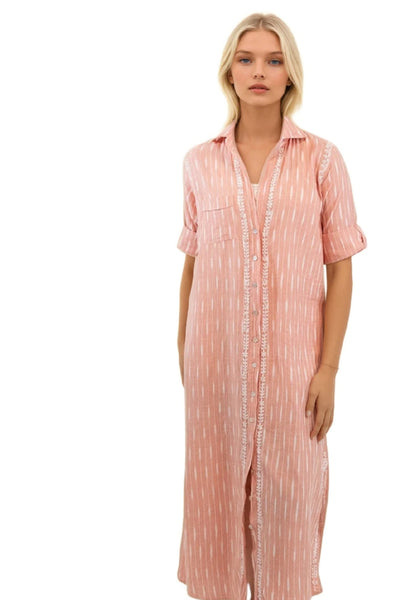 Subtle Luxury Maxi XS/S / Sedona w/White Ikat / 100% Cotton Maxi Boyfriend Shirt Dress in Cotton Ikat's