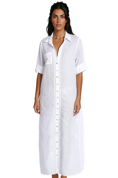 Subtle Luxury Maxi XS/S / White / 100% Cotton Chambray Maxi Boyfriend Shirt Dress in Cotton Chambray in White