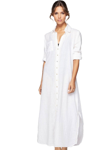 Subtle Luxury Maxi XS/S / White/Gold Lurex / 100% Cotton Maxi Boyfriend Dress in Chambray with Lurex