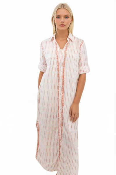 Subtle Luxury Maxi XS/S / White w/Sedona Ikat / 100% Cotton Maxi Boyfriend Shirt Dress in Cotton Ikat's