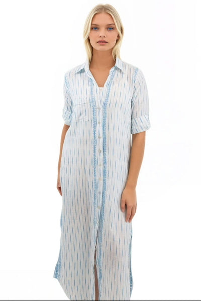 Subtle Luxury Maxi XS/S / White w/Tidepool Ikat / 100% Cotton Maxi Boyfriend Shirt Dress in Cotton Ikat's