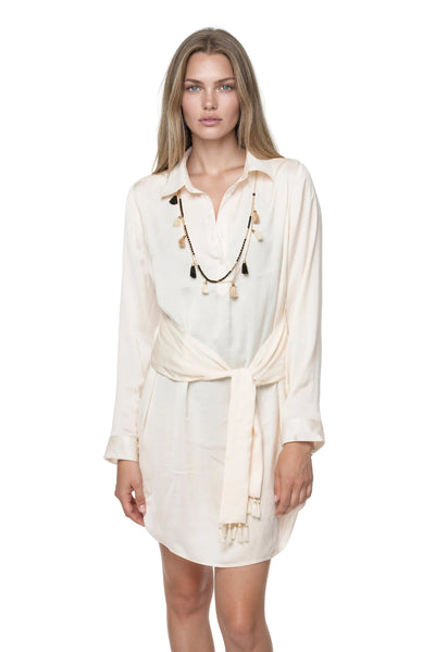 Subtle Luxury Mini Dress S/M / Ivory / Soft Satin Poly Tassel Tie Satin Button Up Shirt Dress