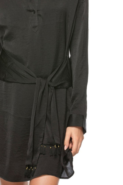 Subtle Luxury Mini S/M / Black / Soft Satin Poly Shirtdress Tassel Tie Satin Dress