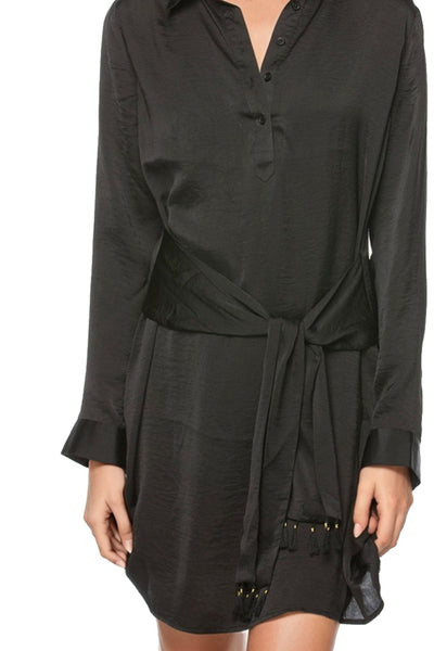 Subtle Luxury Mini Shirtdress Tassel Tie Satin Dress