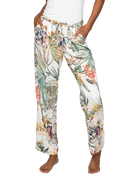 Subtle Luxury Pant S/M / P21 Tropical Escape - White / 100% Polyester Bailey Beach Drawstring Pant in Tropical Prints On Sale Now