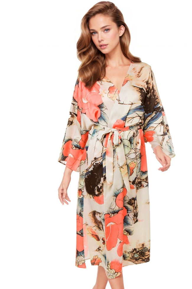 Subtle Luxury Robe P123 Island Love White / S/M / Mid Weight Poly Woven Bed to Brunch Kimono Print Wrap Robe | On Sale