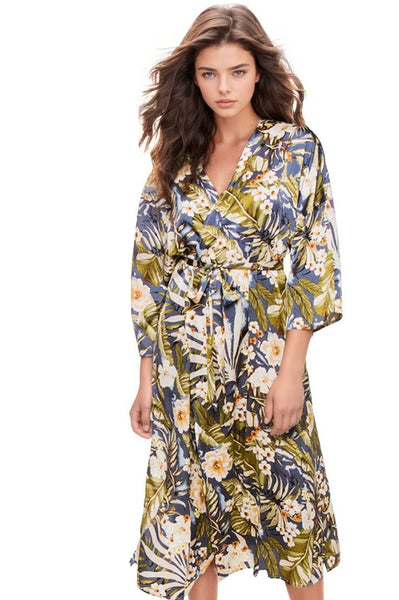 Subtle Luxury Robe P33 Summer Isle Blue / S/M / Mid Weight Poly Woven Bed to Brunch Kimono Print Wrap Robe | On Sale