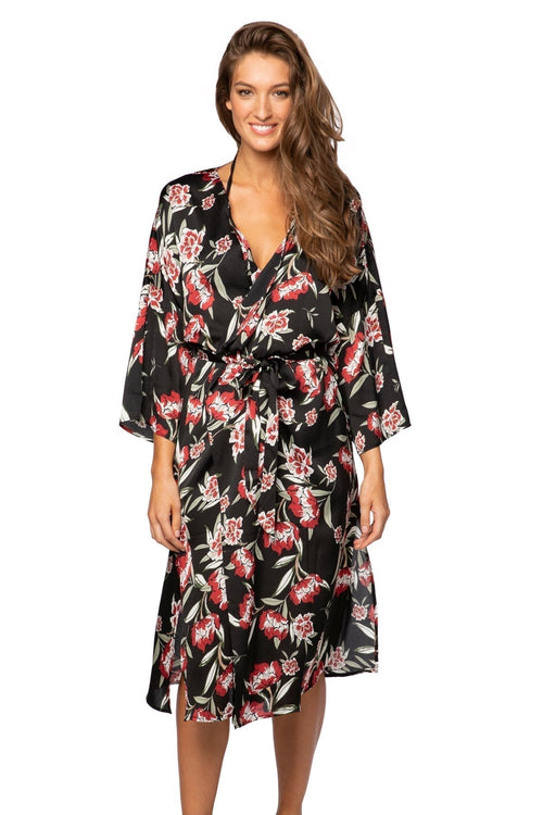 Subtle Luxury Robe S/M / Black / 100% Poly - Mid Weight Bed to Brunch Kimono Robe in Rosy Print