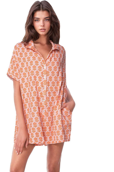 Subtle Luxury Romper XS/S / Artisan Blocks Print-Pink / 100% Cotton Double Gauze Double Cotton Gauze Washed Lazy Day Romper - Printed