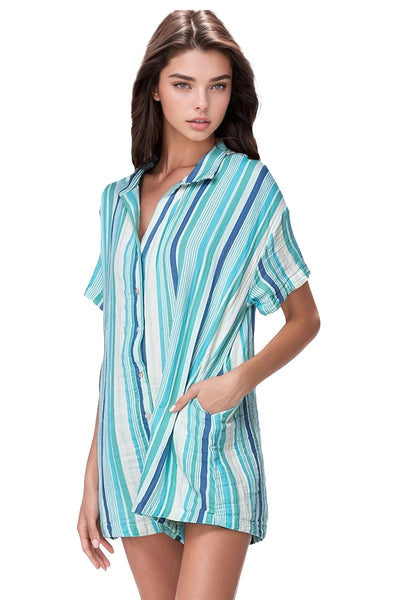 Subtle Luxury Romper XS/S / Montauk Stripe Print-Blue / 100% Cotton Double Gauze Double Cotton Gauze Washed Lazy Day Romper - Printed