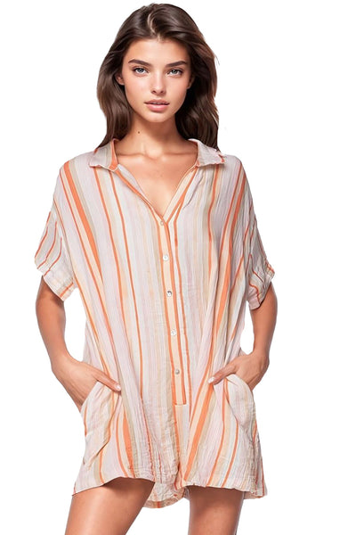 Subtle Luxury Romper XS/S / Montauk Stripe Print-Pastels / 100% Cotton Double Gauze Double Cotton Gauze Washed Lazy Day Romper - Printed