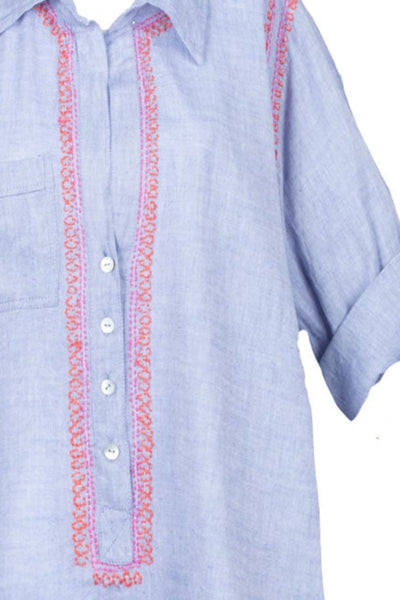 Subtle Luxury Shirts Boyfriend Cotton Shirt in Denim Chambray with Multi Color Embroidery