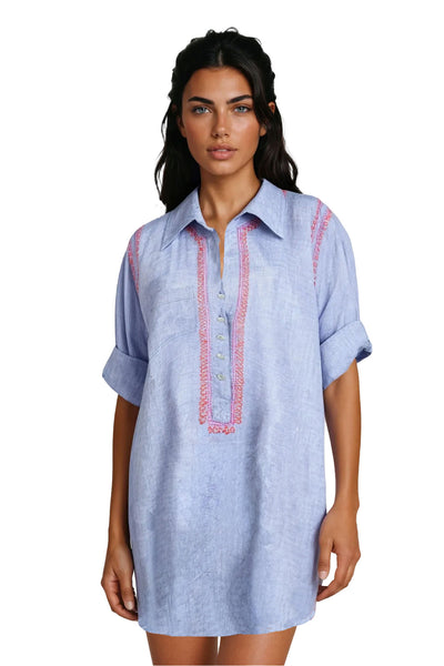 Subtle Luxury Shirts Boyfriend Cotton Shirt in Denim Chambray with Multi Color Embroidery