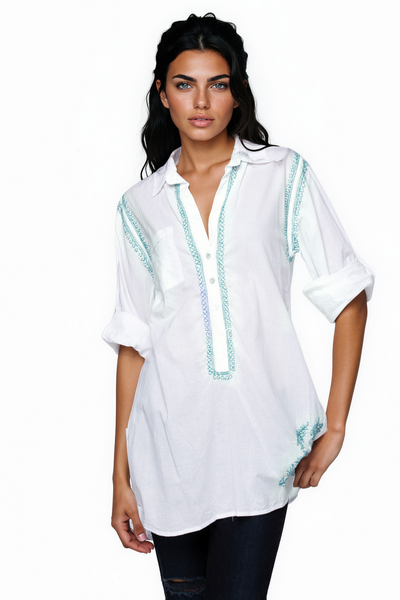 Subtle Luxury Shirts Boyfriend Shirt | Embroidery / S/M / White/Lagoon Boyfriend White Cotton Shirt in Limited Supply Embroidery Colors Sale