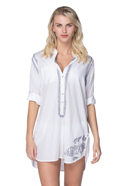 Subtle Luxury Shirts Boyfriend Shirt | Embroidery / S/M / White/MIdnight Boyfriend White Cotton Shirt in Limited Supply Embroidery Sale Colors